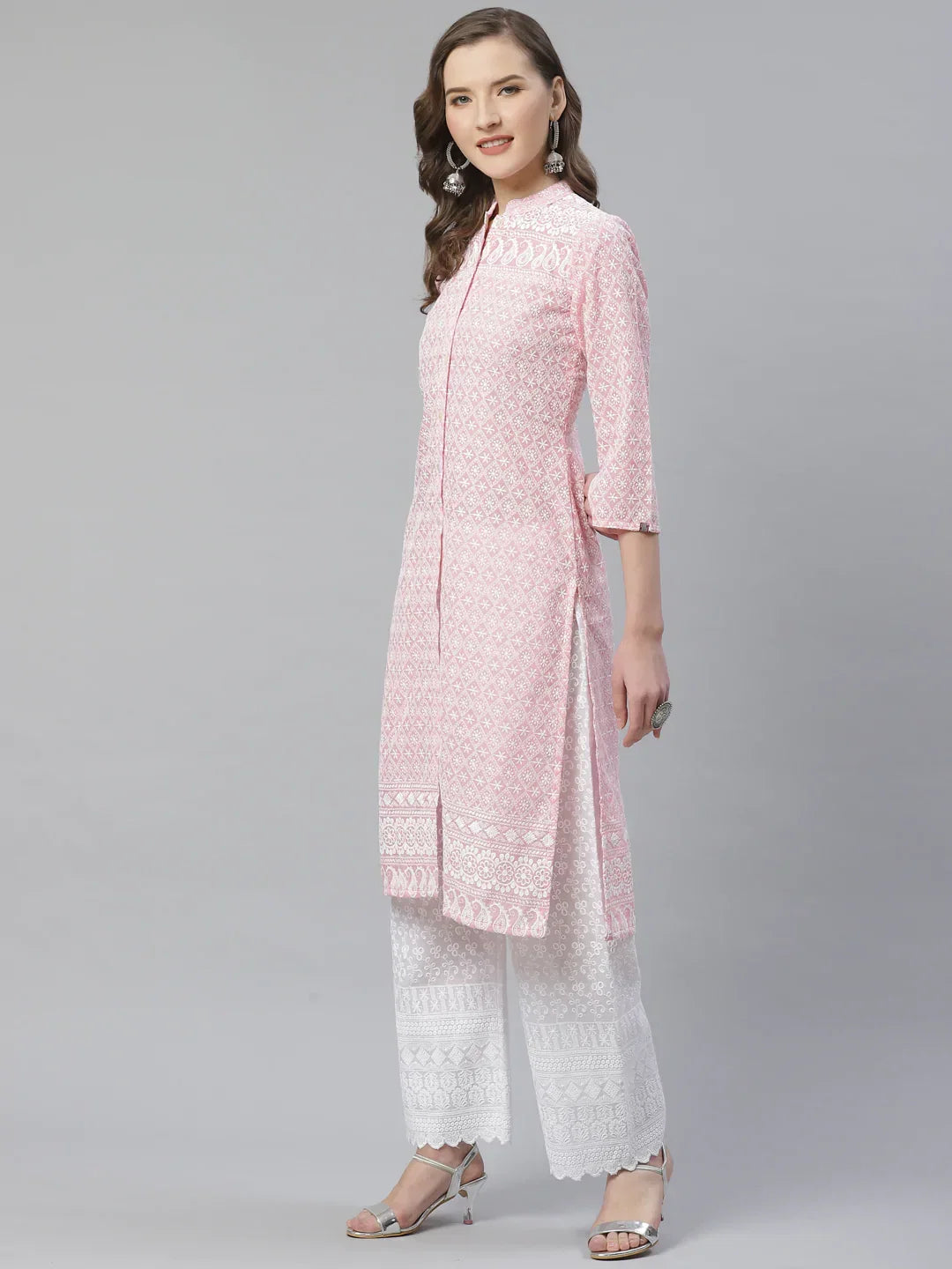 Jompers Women's Pink & White Chikankari Embroidered Kurta with Palazzos | Grocsy