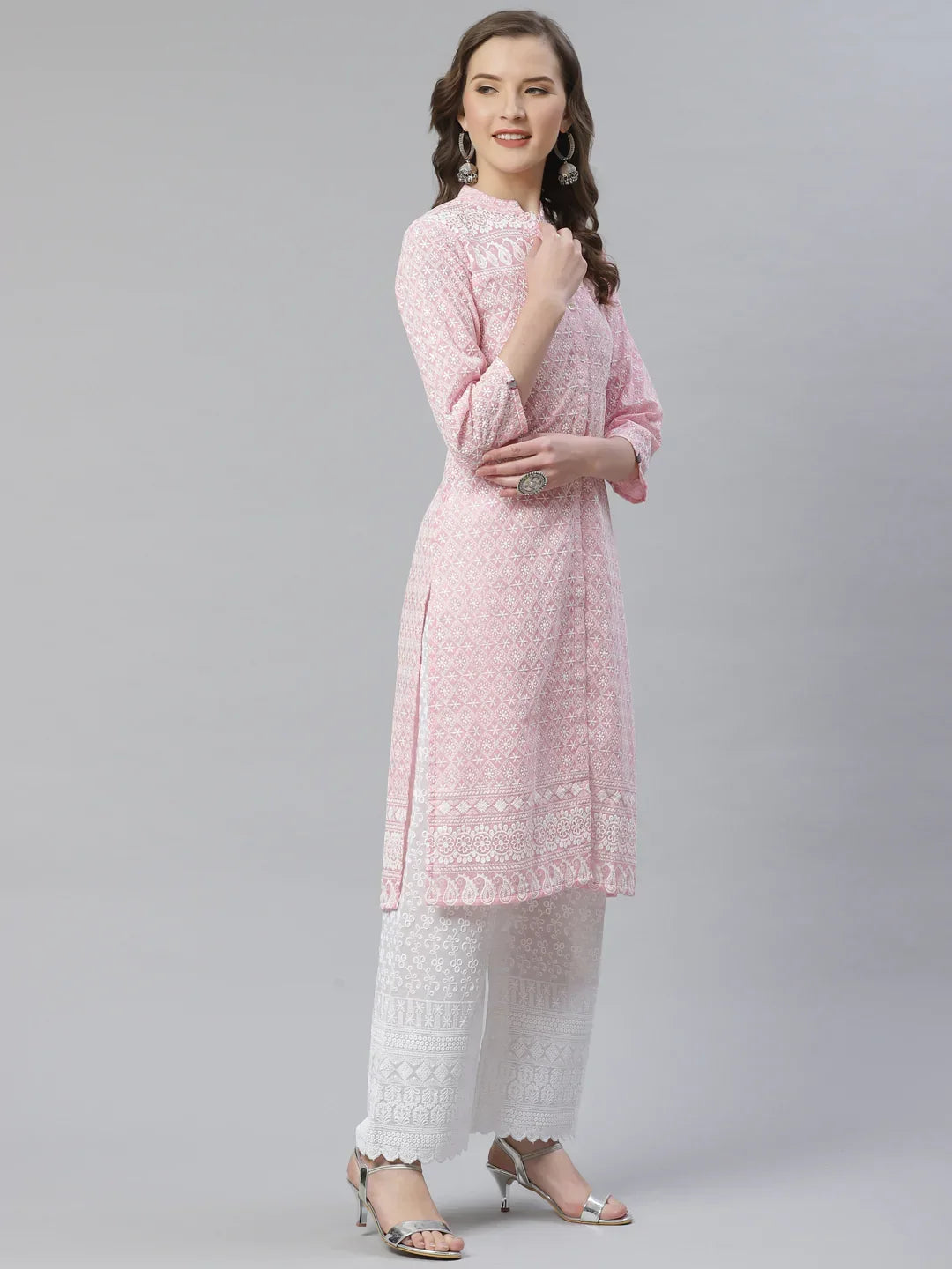 Jompers Women's Pink & White Chikankari Embroidered Kurta with Palazzos | Grocsy
