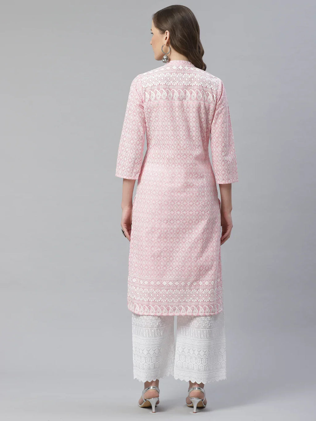 Jompers Women's Pink & White Chikankari Embroidered Kurta with Palazzos | Grocsy