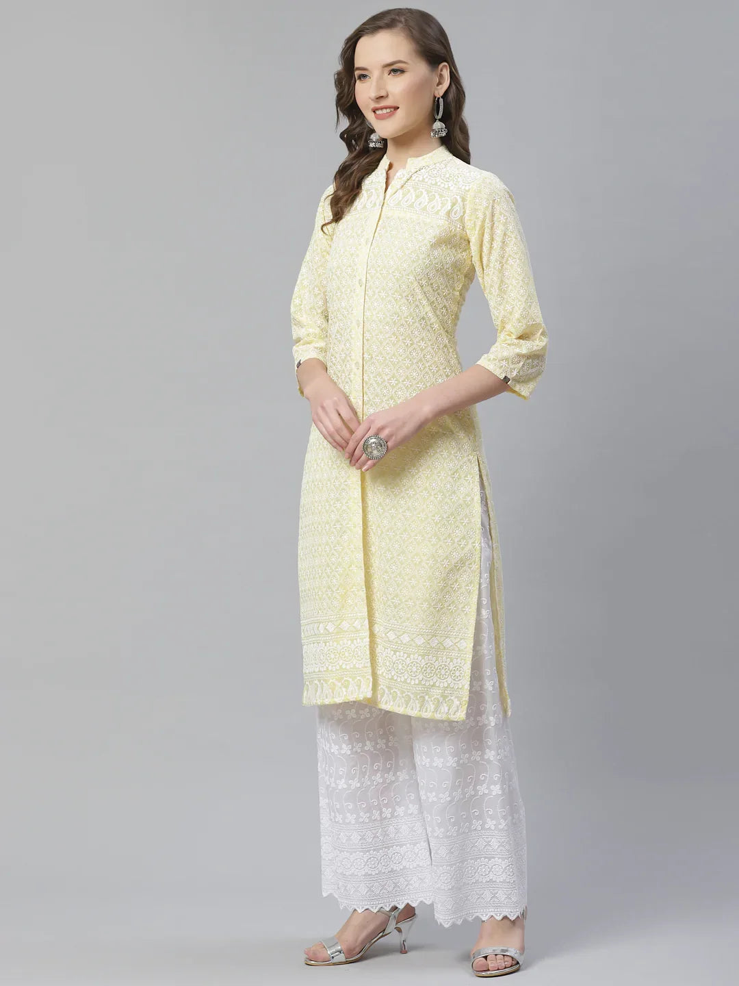 Jompers Women's Yellow & White Chikankari Embroidered Kurta with Palazzos | Grocsy