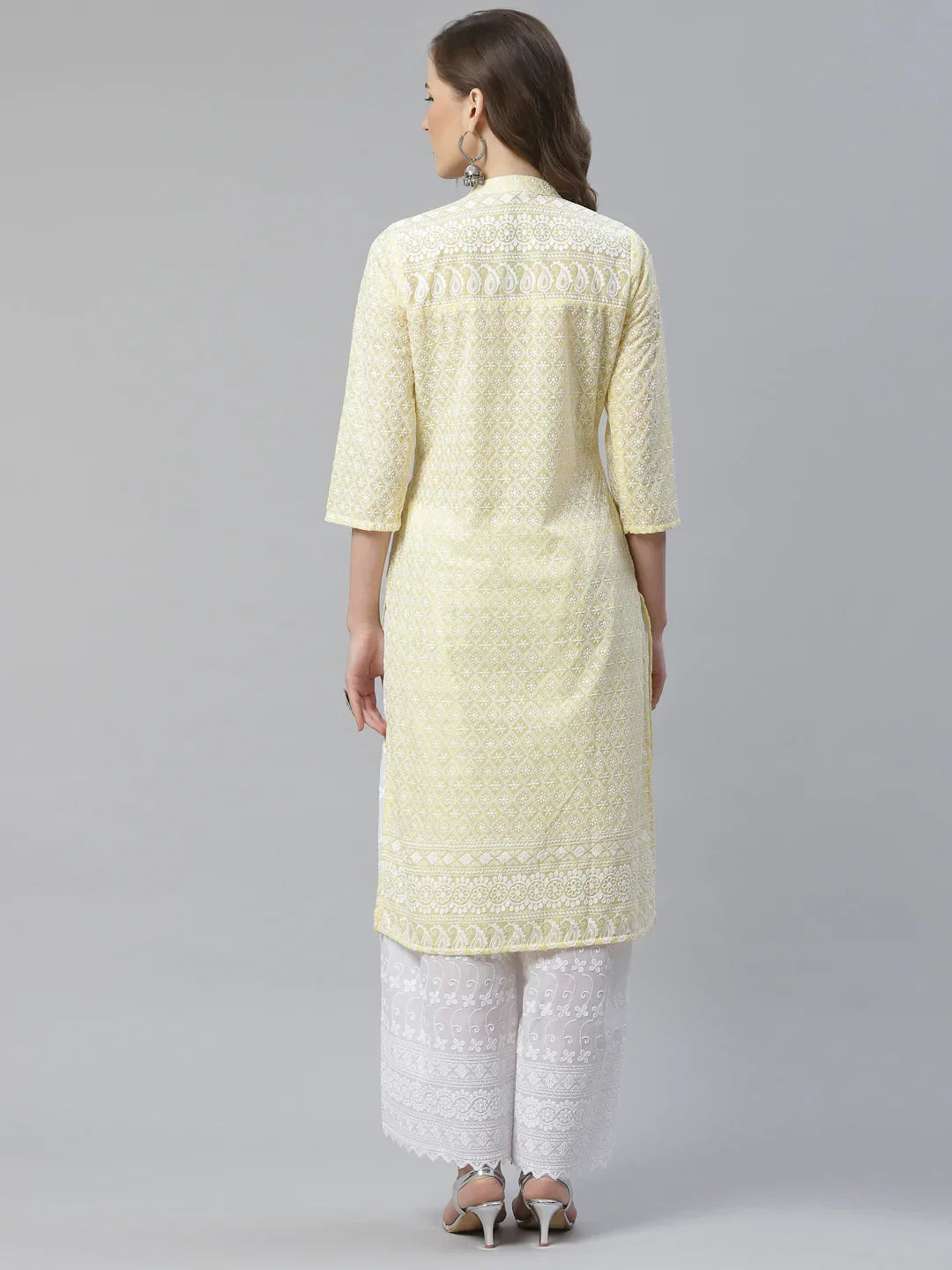 Jompers Women's Yellow & White Chikankari Embroidered Kurta with Palazzos | Grocsy