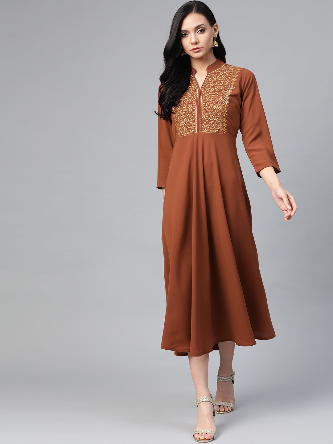 Jompers Women Brown Embroidered Yoke Design A-Line Kurta | Grocsy