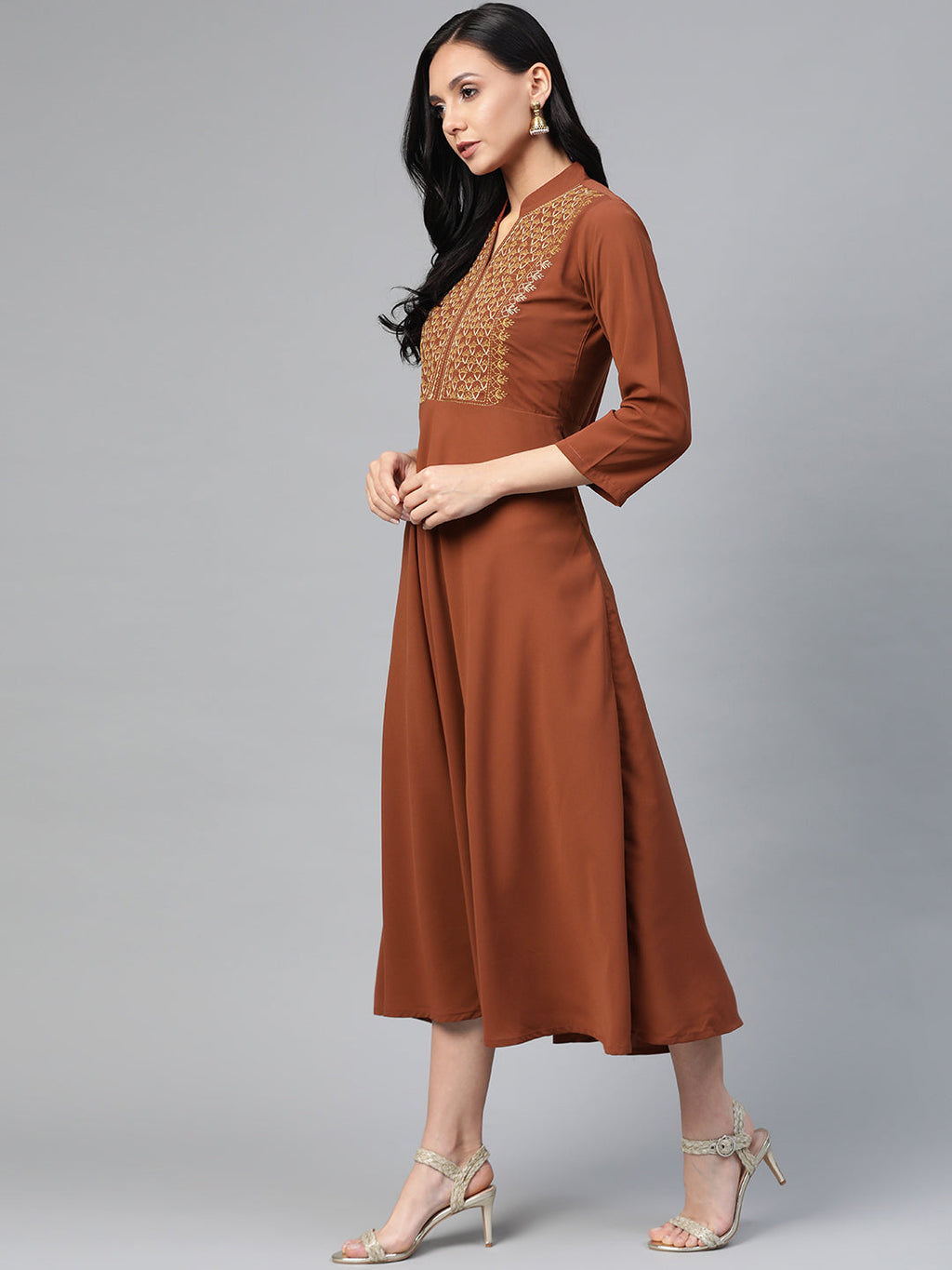 Jompers Women Brown Embroidered Yoke Design A-Line Kurta | Grocsy