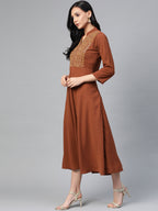 Jompers Women Brown Embroidered Yoke Design A-Line Kurta | Grocsy