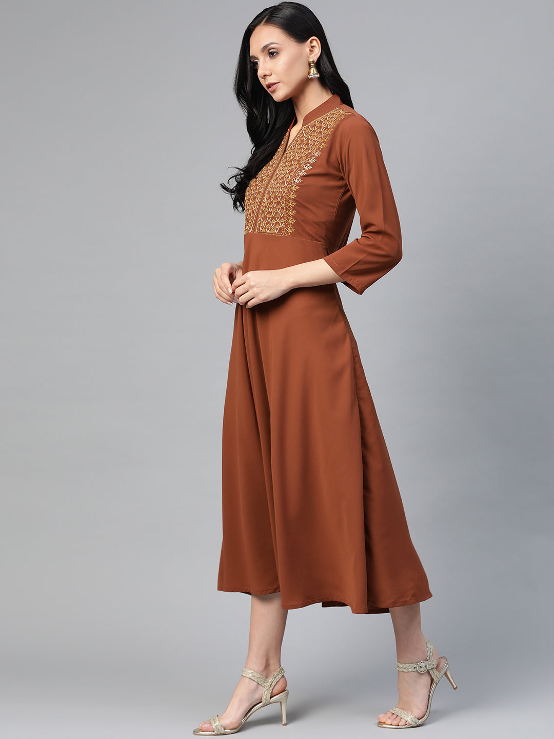 Jompers Women Brown Embroidered Yoke Design A-Line Kurta | Grocsy