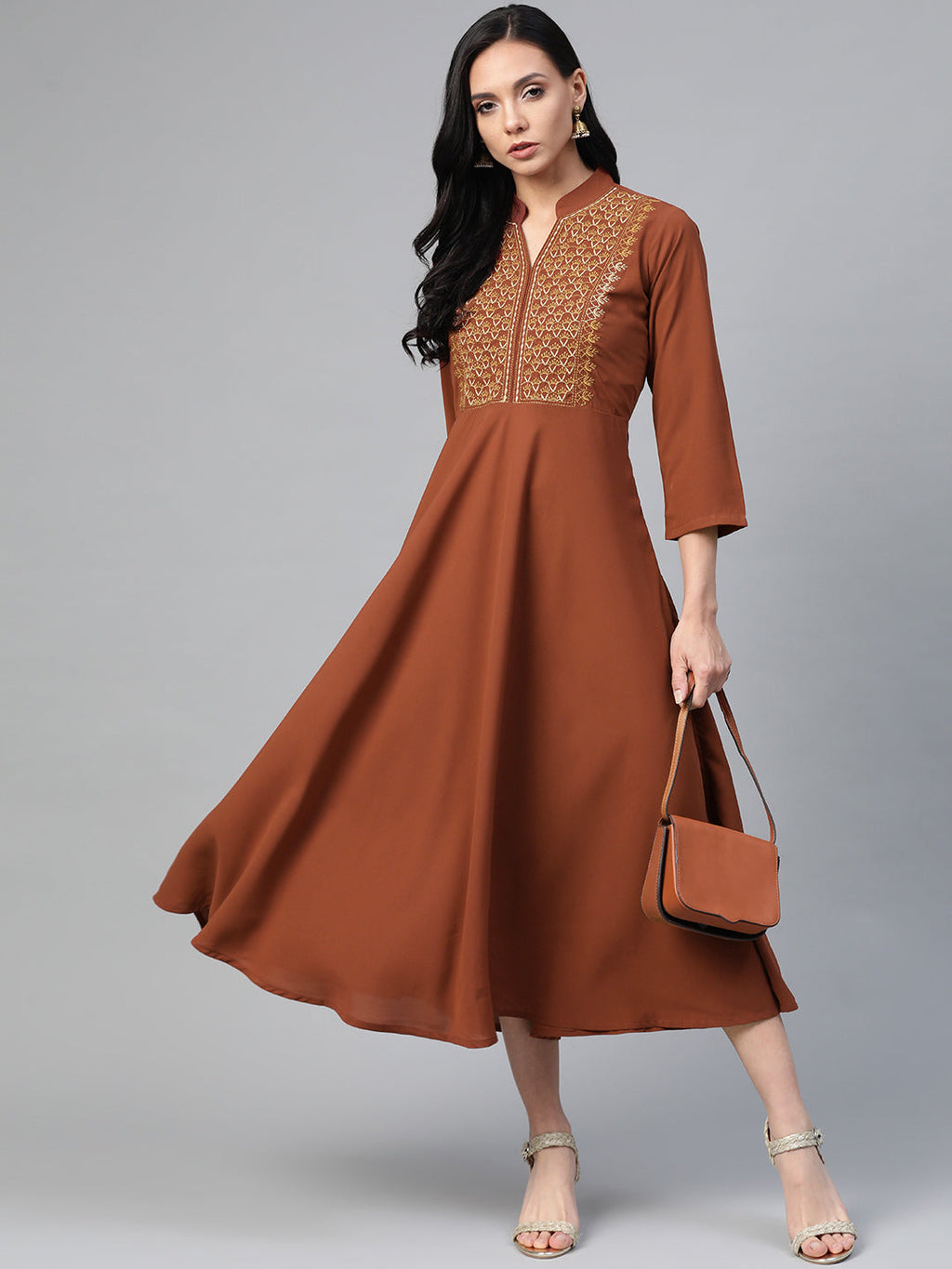 Jompers Women Brown Embroidered Yoke Design A-Line Kurta | Grocsy