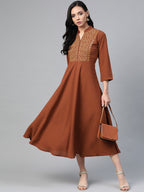 Jompers Women Brown Embroidered Yoke Design A-Line Kurta | Grocsy