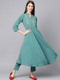 Jompers Women Green Embroidered Yoke Design A-Line Kurta | Grocsy