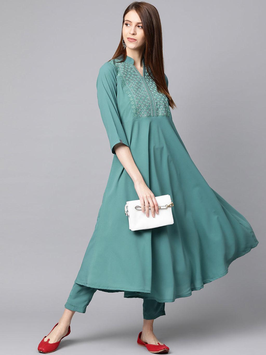 Jompers Women Green Embroidered Yoke Design A-Line Kurta | Grocsy