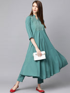 Jompers Women Green Embroidered Yoke Design A-Line Kurta | Grocsy