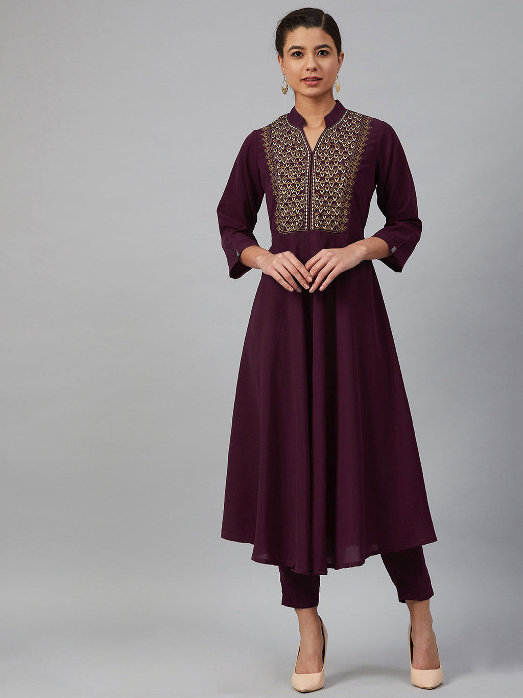 Jompers Women Purple Embroidered Yoke Design A-Line Kurta | Grocsy