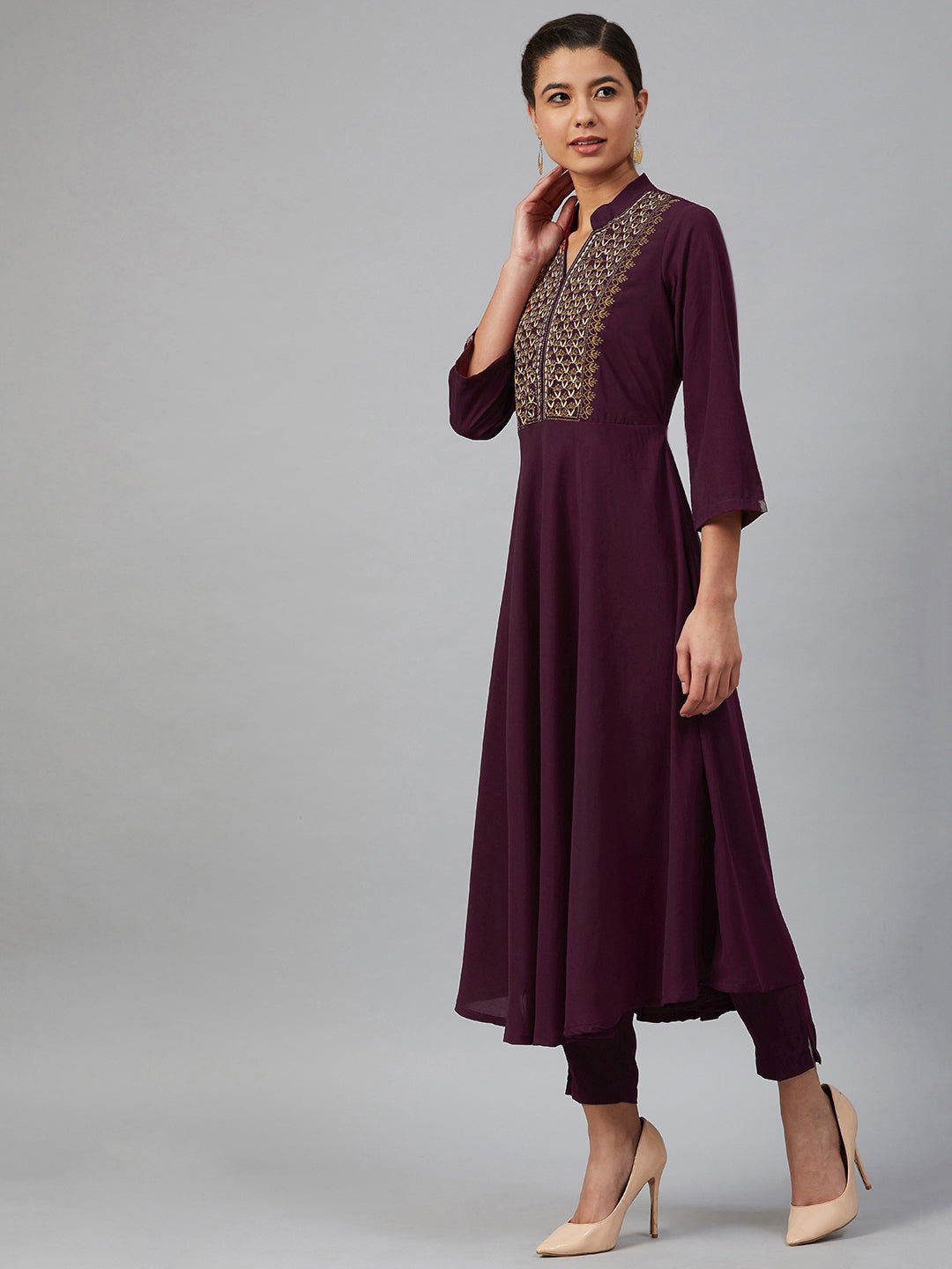 Jompers Women Purple Embroidered Yoke Design A-Line Kurta | Grocsy