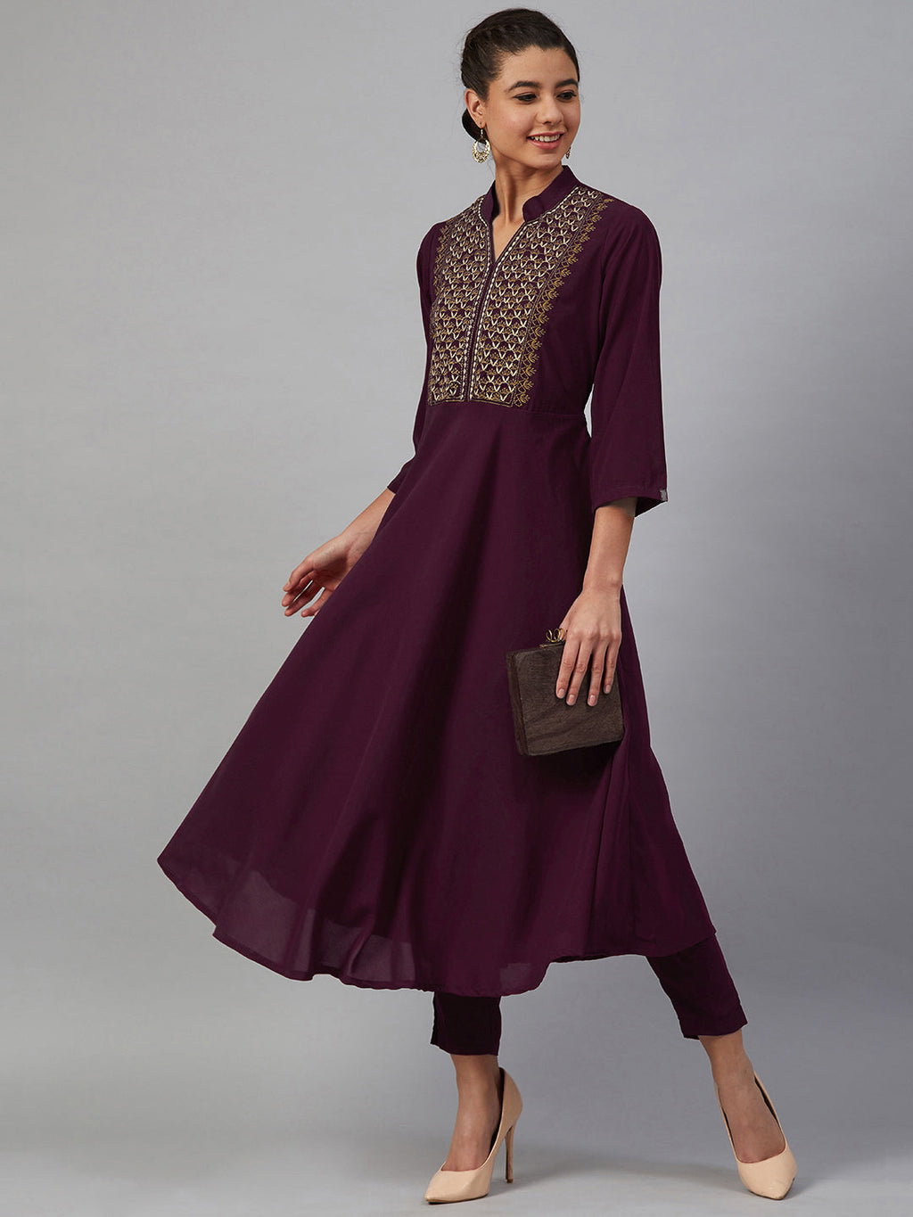 Jompers Women Purple Embroidered Yoke Design A-Line Kurta | Grocsy