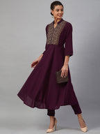 Jompers Women Purple Embroidered Yoke Design A-Line Kurta | Grocsy
