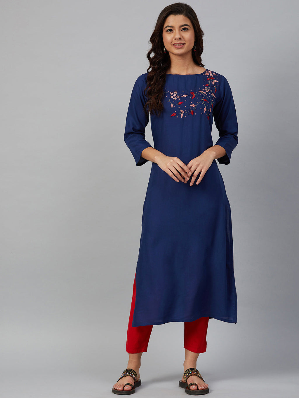 Jompers Women Blue & Pink Yoke Embroidered Straight Kurta | Grocsy