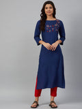 Jompers Women Blue & Pink Yoke Embroidered Straight Kurta | Grocsy