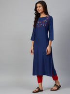 Jompers Women Blue & Pink Yoke Embroidered Straight Kurta | Grocsy