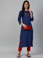 Jompers Women Blue & Pink Yoke Embroidered Straight Kurta | Grocsy