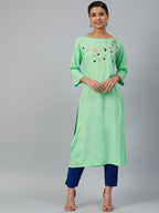 Jompers Women Green & Pink Yoke Embroidered Straight Kurta | Grocsy
