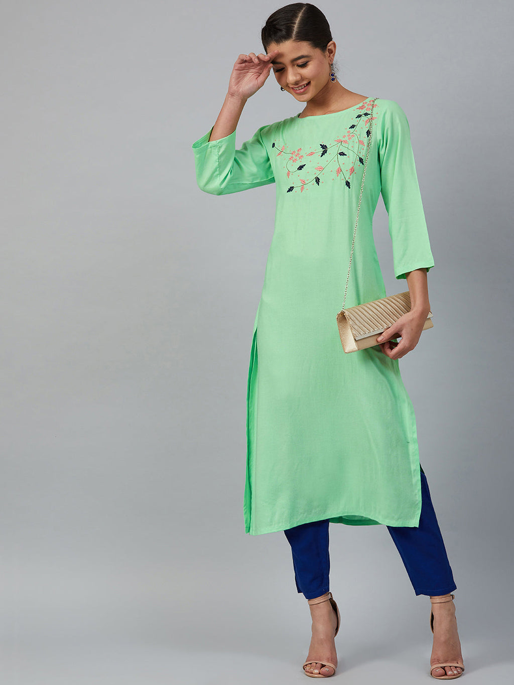 Jompers Women Green & Pink Yoke Embroidered Straight Kurta | Grocsy