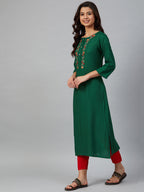 Jompers Women Green & Peach-Coloured Yoke Embroidered Straight Kurta | Grocsy