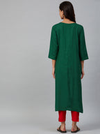 Jompers Women Green & Peach-Coloured Yoke Embroidered Straight Kurta | Grocsy