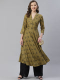 Jompers Women Olive & Black Floral Printed A-Line Kurta | Grocsy