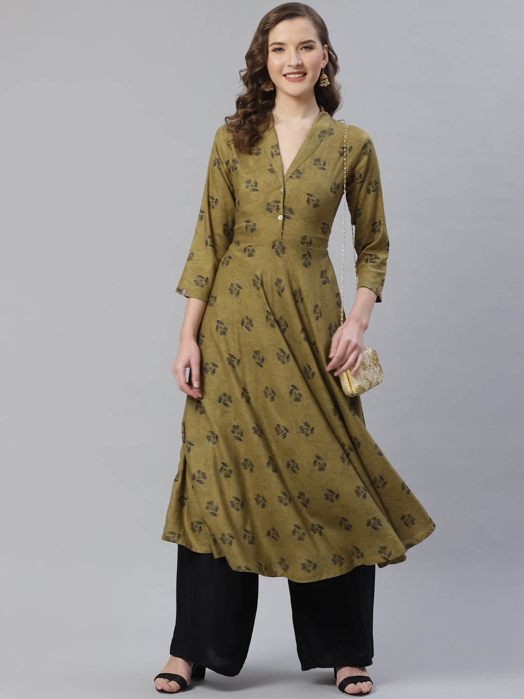 Jompers Women Olive & Black Floral Printed A-Line Kurta | Grocsy