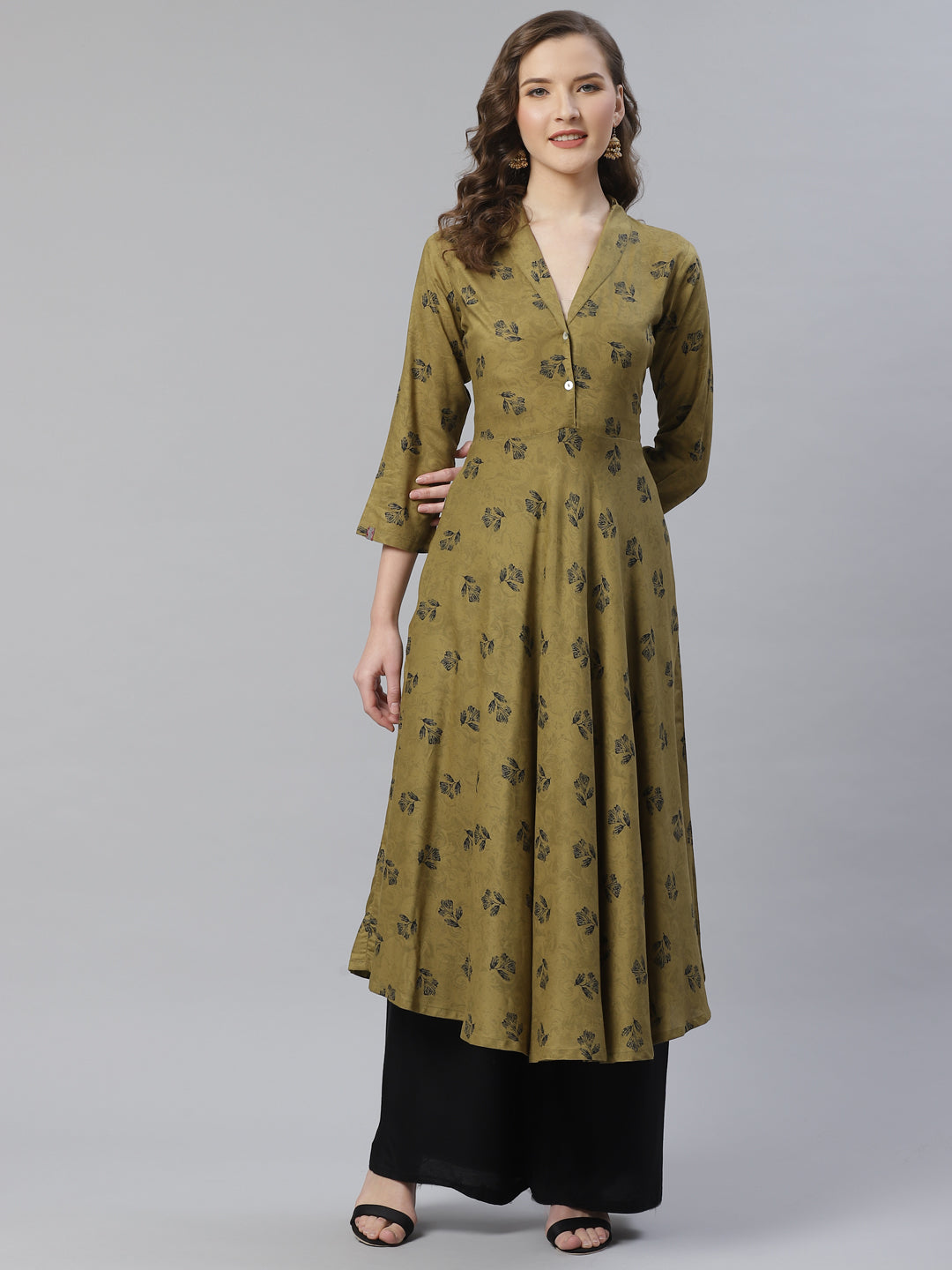 Jompers Women Olive & Black Floral Printed A-Line Kurta | Grocsy