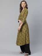 Jompers Women Olive & Black Floral Printed A-Line Kurta | Grocsy