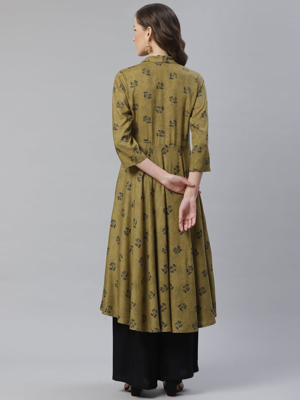 Jompers Women Olive & Black Floral Printed A-Line Kurta | Grocsy