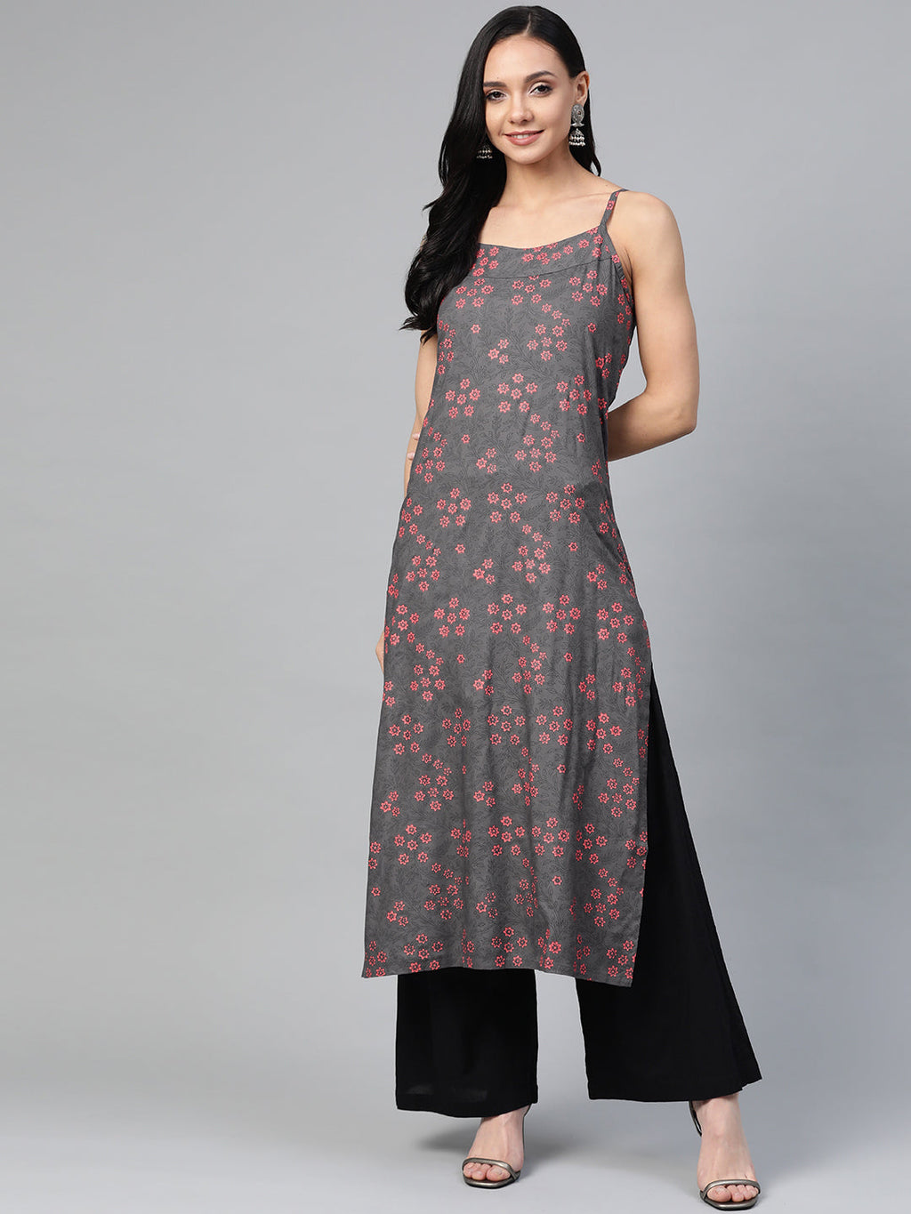 Jompers Women Charcoal Grey & Pink Printed Straight Kurta | Grocsy