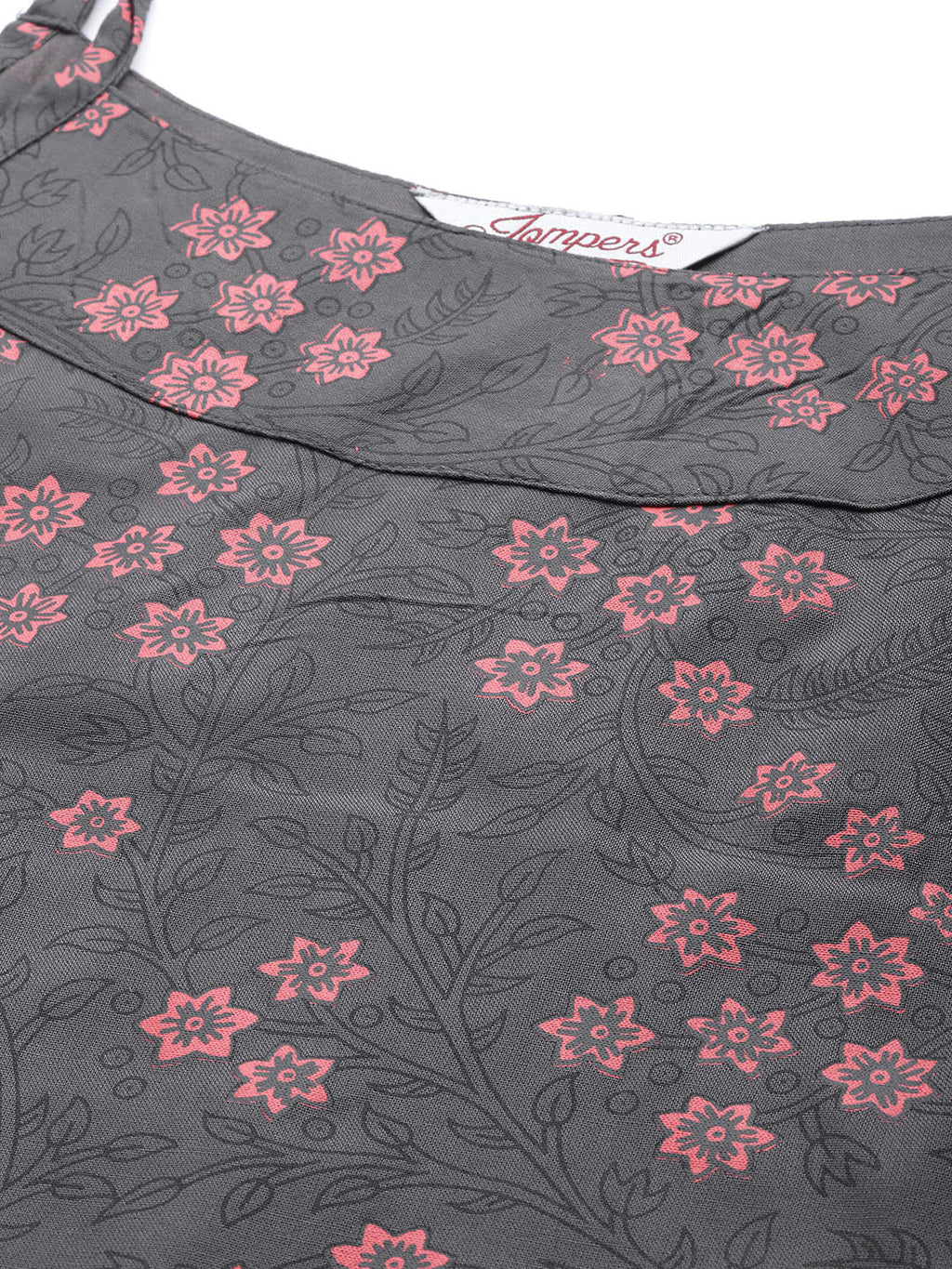 Jompers Women Charcoal Grey & Pink Printed Straight Kurta | Grocsy