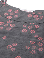 Jompers Women Charcoal Grey & Pink Printed Straight Kurta | Grocsy