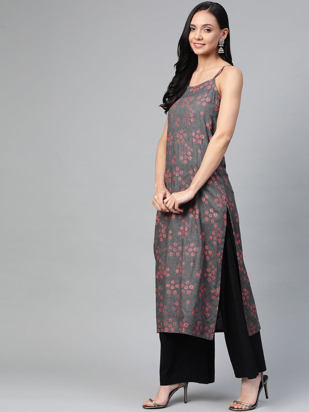 Jompers Women Charcoal Grey & Pink Printed Straight Kurta | Grocsy