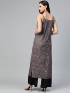 Jompers Women Charcoal Grey & Pink Printed Straight Kurta | Grocsy