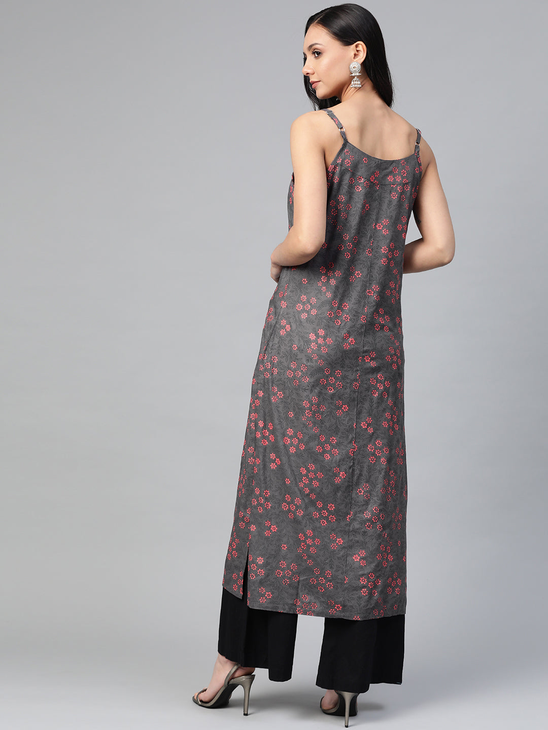 Jompers Women Charcoal Grey & Pink Printed Straight Kurta | Grocsy
