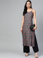 Jompers Women Charcoal Grey & Pink Printed Straight Kurta | Grocsy