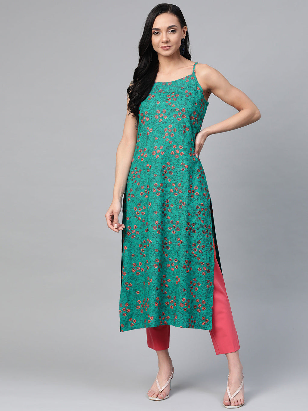 Jompers Women Rama Green & Pink Printed Straight Kurta | Grocsy