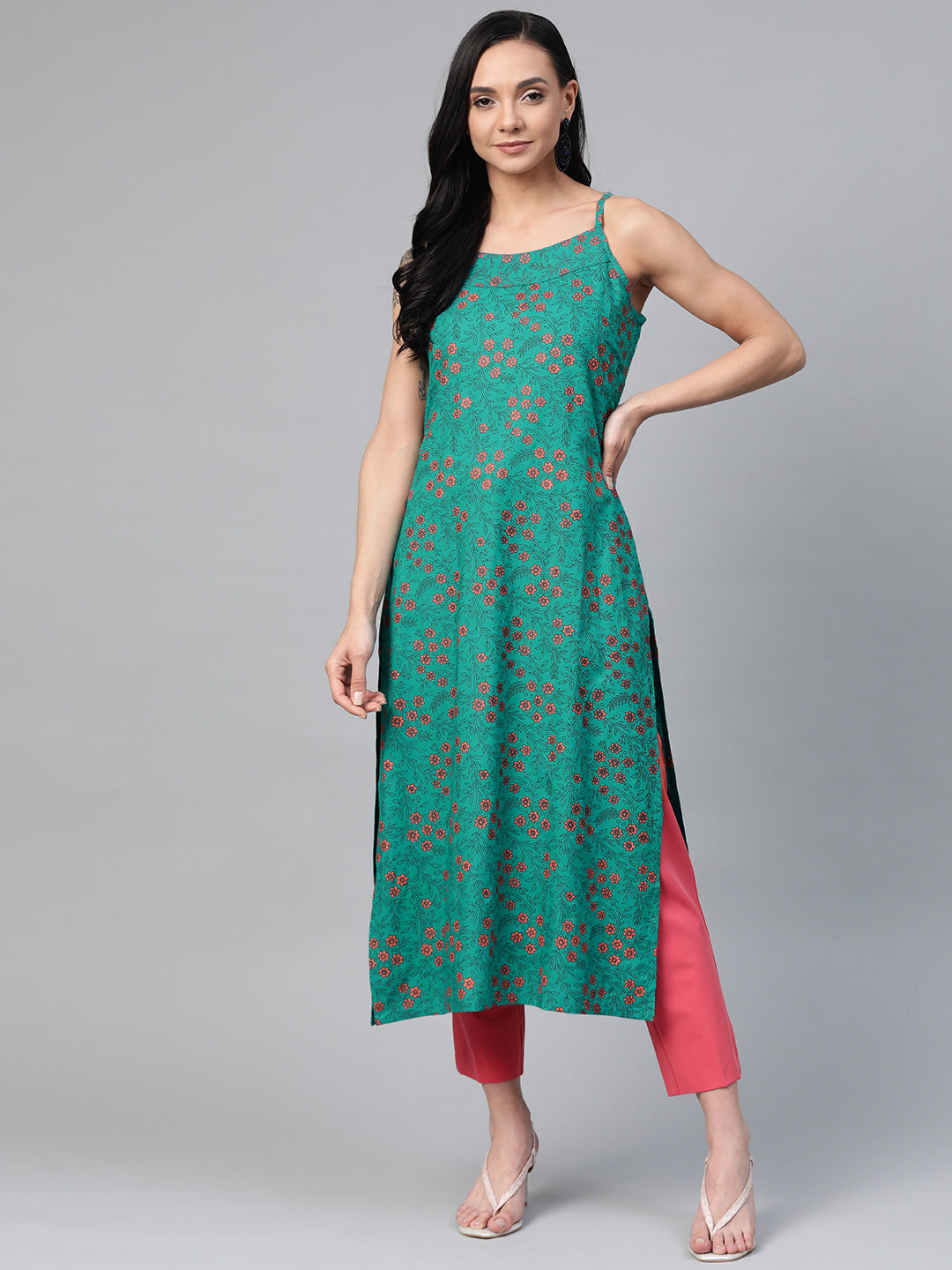 Jompers Women Rama Green & Pink Printed Straight Kurta | Grocsy