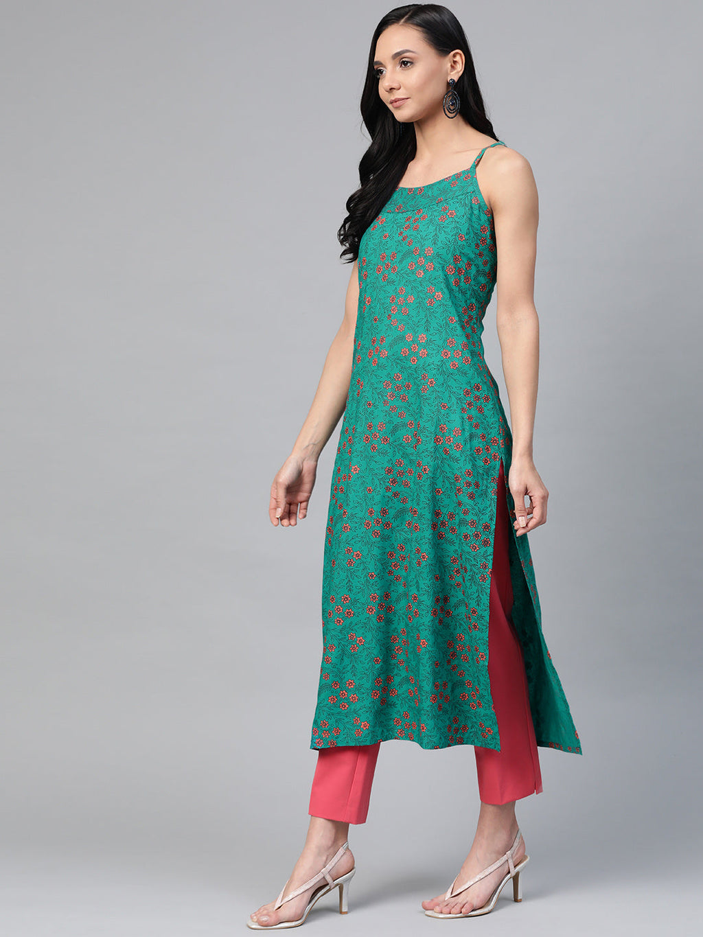 Jompers Women Rama Green & Pink Printed Straight Kurta | Grocsy