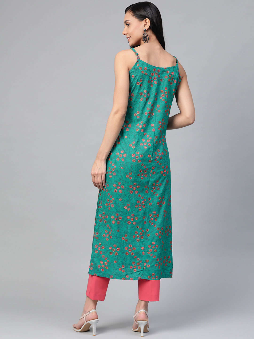 Jompers Women Rama Green & Pink Printed Straight Kurta | Grocsy