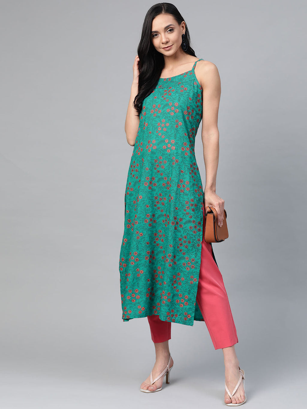 Jompers Women Rama Green & Pink Printed Straight Kurta | Grocsy