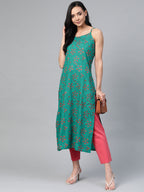Jompers Women Rama Green & Pink Printed Straight Kurta | Grocsy