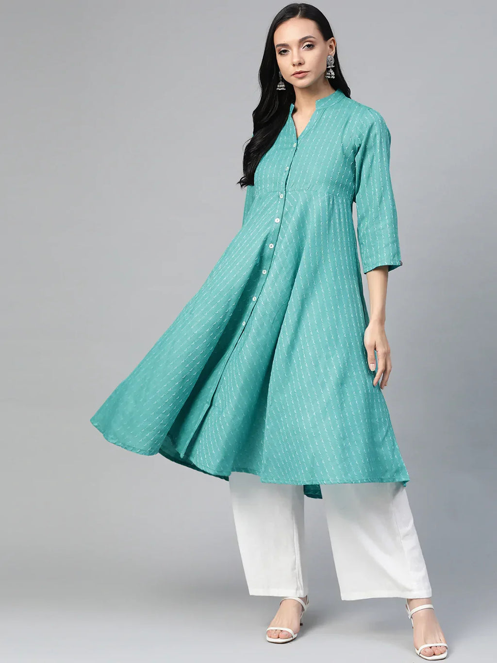 Jompers Women's Green & White Woven Design Jacquard A-Line Kurta | Grocsy