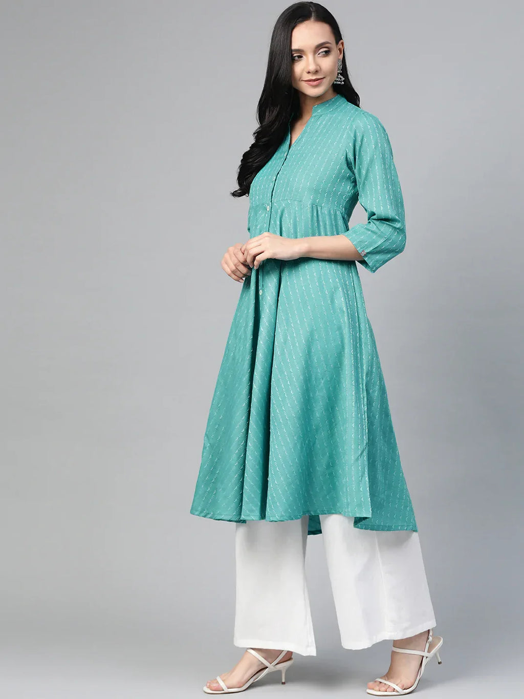 Jompers Women's Green & White Woven Design Jacquard A-Line Kurta | Grocsy