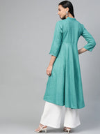 Jompers Women's Green & White Woven Design Jacquard A-Line Kurta | Grocsy