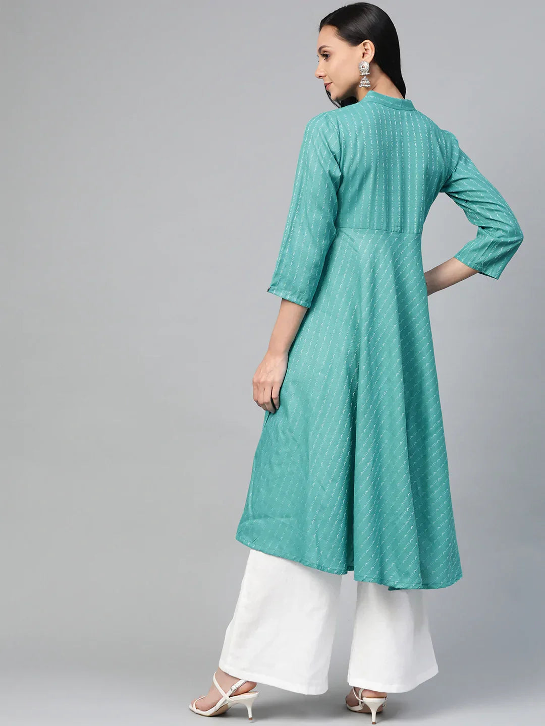 Jompers Women's Green & White Woven Design Jacquard A-Line Kurta | Grocsy