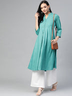 Jompers Women's Green & White Woven Design Jacquard A-Line Kurta | Grocsy