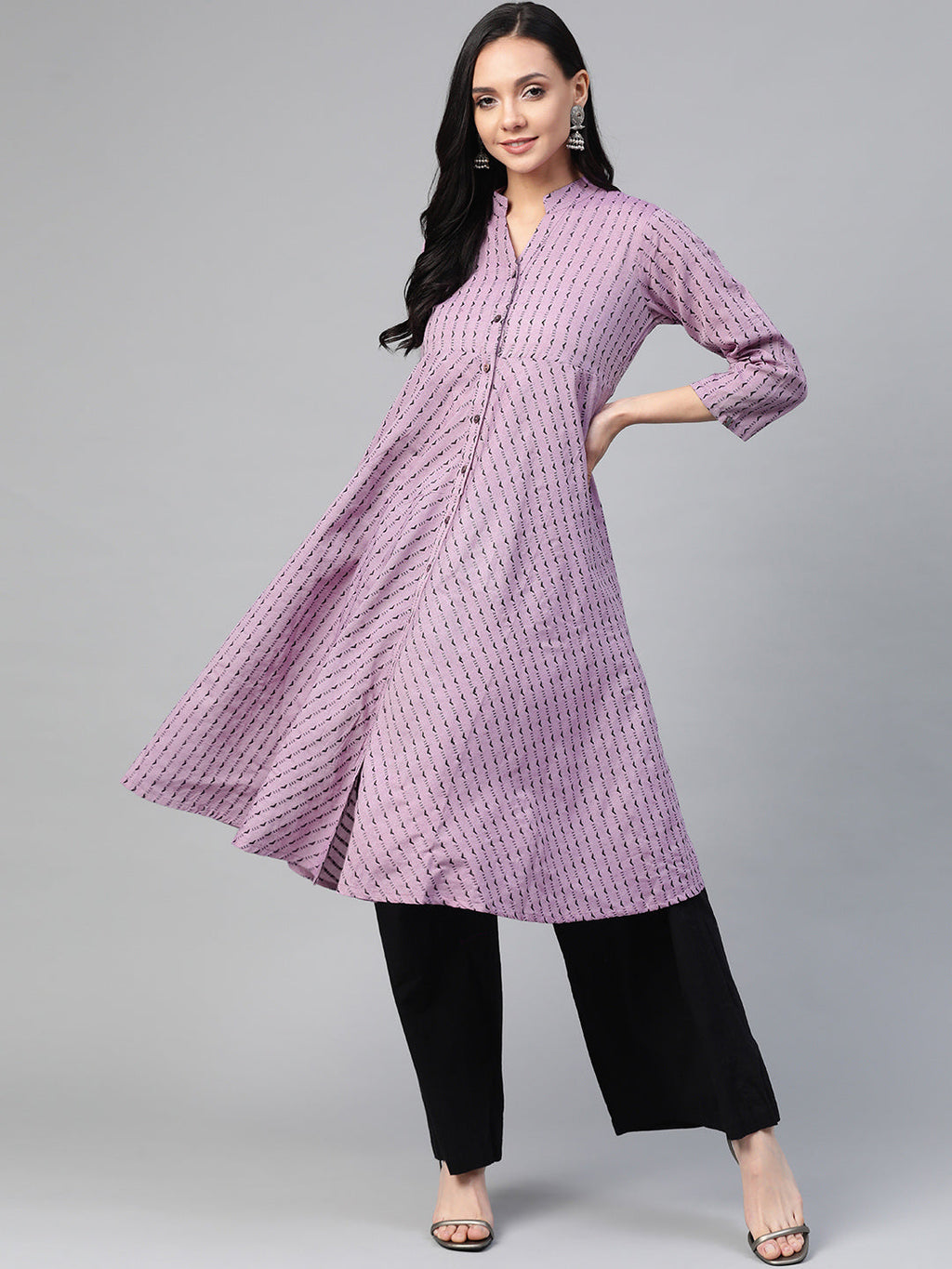 Jompers Women Purple & Black Woven Design Jacquard A-Line Kurta | Grocsy